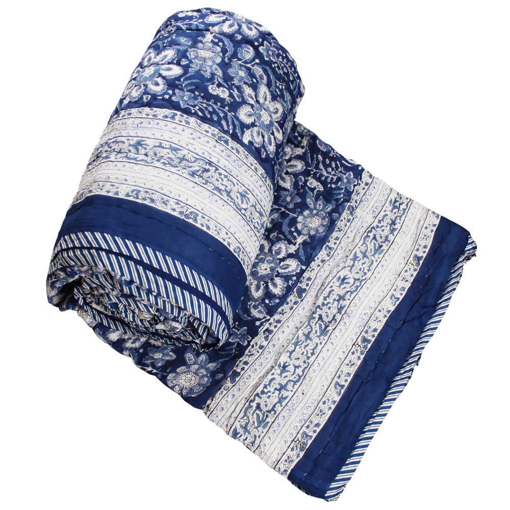 Powell Craft Queen Quilt Royal Blue & White Floral 265x220cm